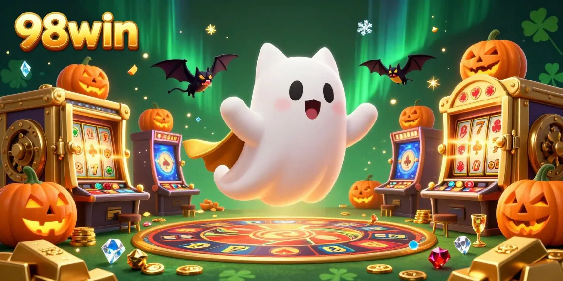 Engage with 98win's lively casino atmosphere, featuring a playful ghost cat and vibrant gaming elements.