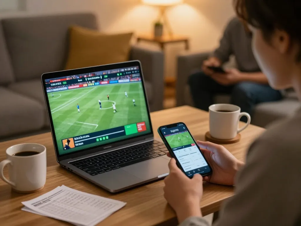 Engaged user analyzing kèo nhà cái while betting on a live football match from home.