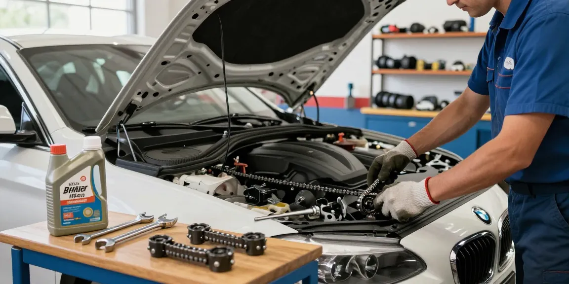 Fachmechaniker beim Wechseln der BMW Steuerkette in Hannover in einer hellen Werkstatt mit professionellen Werkzeugen und Motorbauteilen.