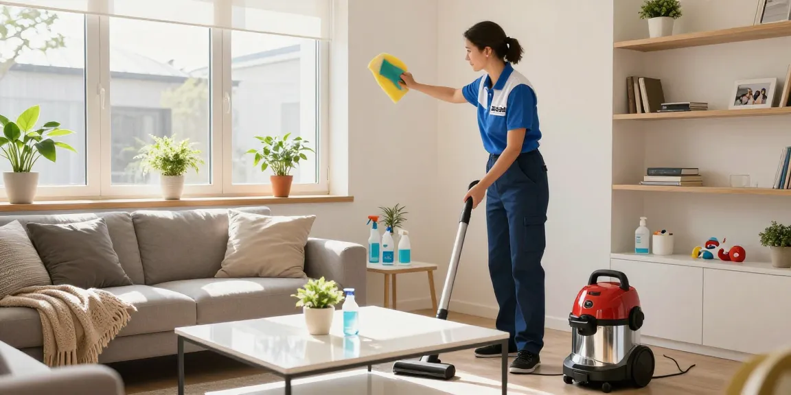 Professioneller Reiniger, der Unterhaltsreinigung Solothurn-Dienste in einem hellen Wohnzimmer anbietet.