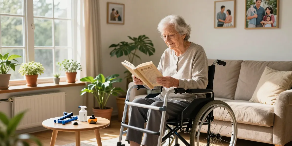Senior using mobility aids to buy nobility aids while enjoying daily activities in a cozy home.