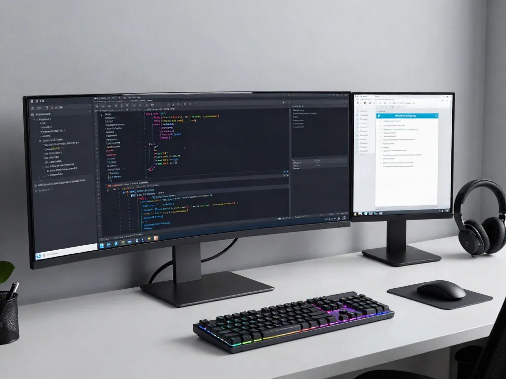 Code review in a modern developer workspace showcasing software development tools and technology.