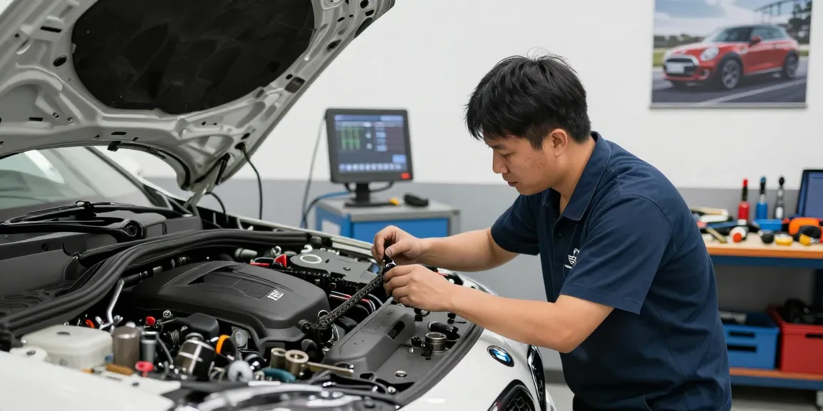 BMW Steuerkette Wechseln durch einen Fachtechniker in einer hellen Autowerkstatt.