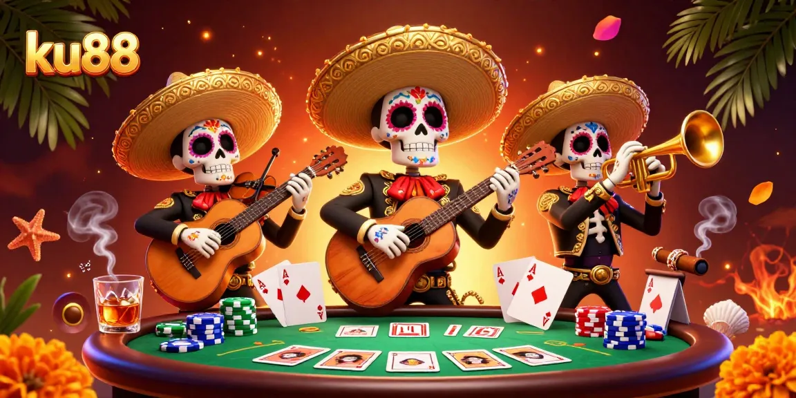 Join the vibrant action at ku88 with a lively mariachi band set against poker elements.
