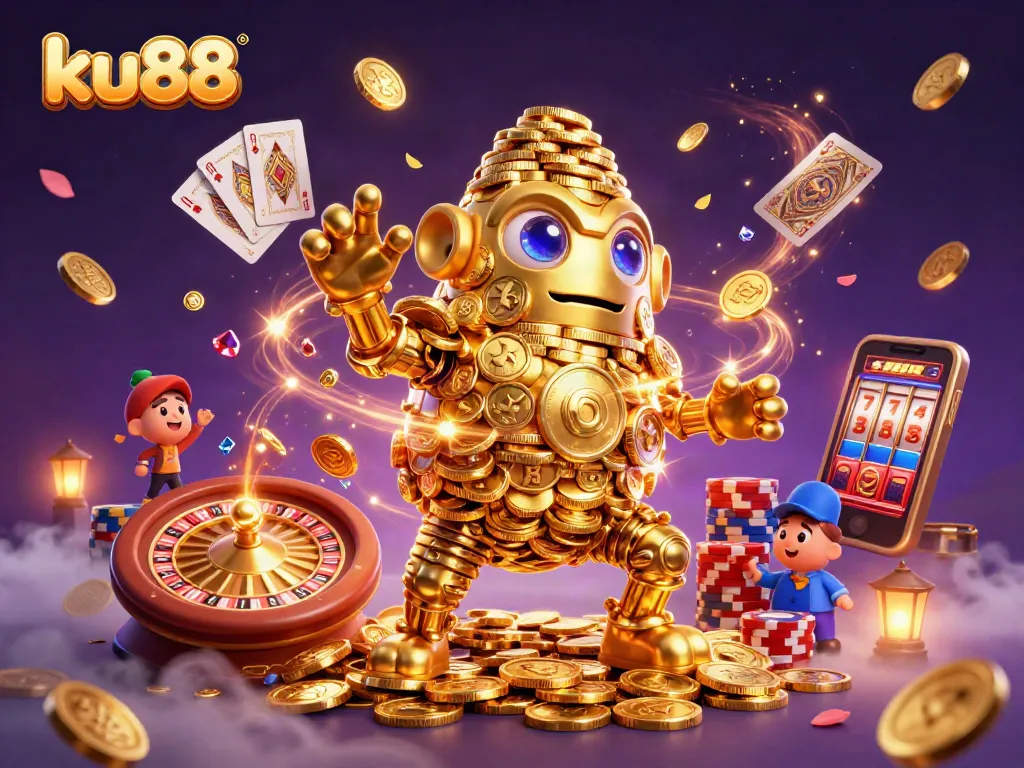 Win big at ku88 with an exciting 3D casino scene filled with golden golems and gaming elements.