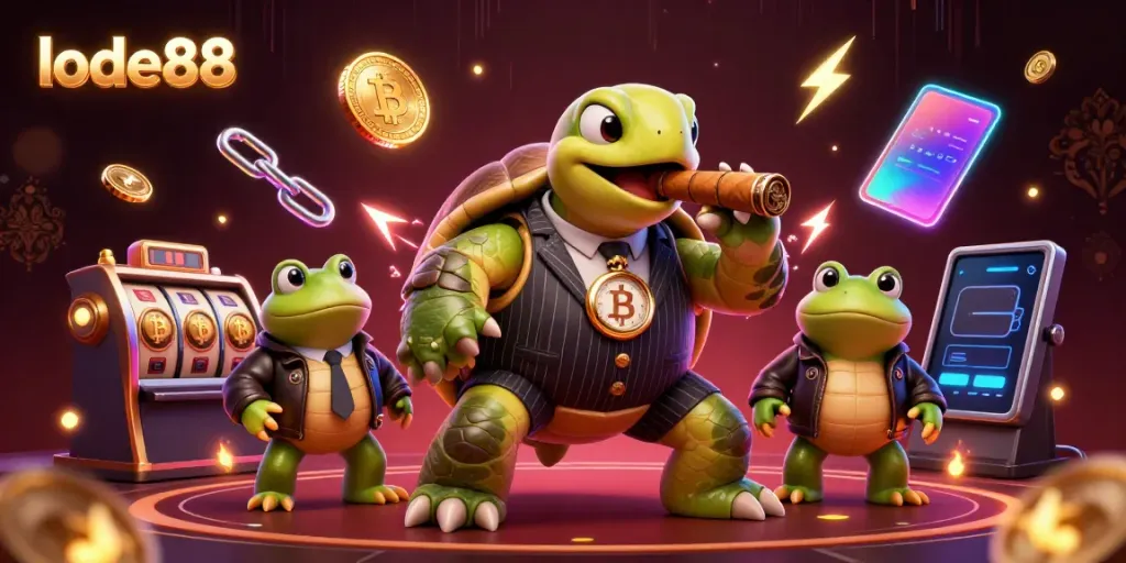 Join the vibrant gaming scene at lode88 with a cartoon turtle and bullfrogs in a lively casino.