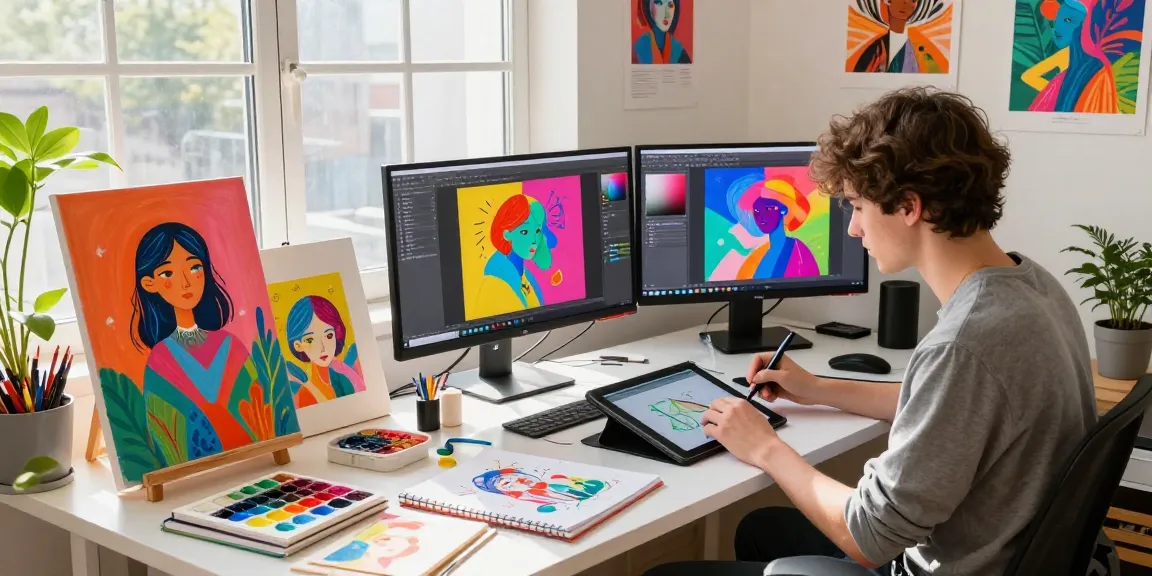 Young artist using a nsfw ai generator in a colorful digital studio, surrounded by creative tools and mood lighting.