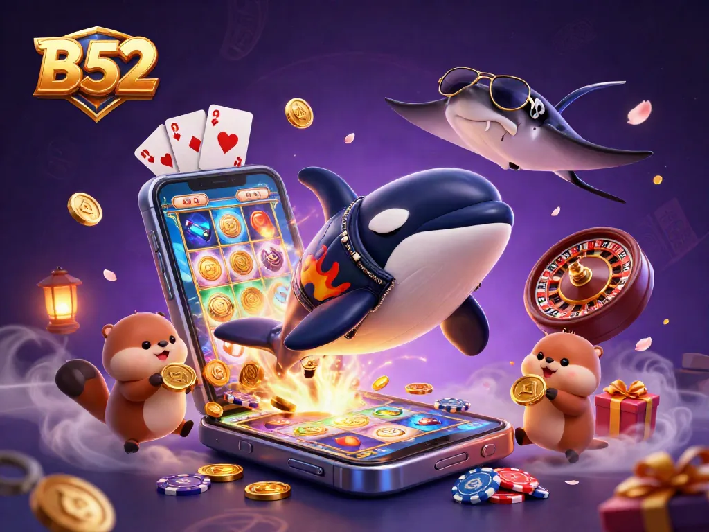 B52-themed casino scene with an orca, stingray, and otters, celebrating a jackpot win.