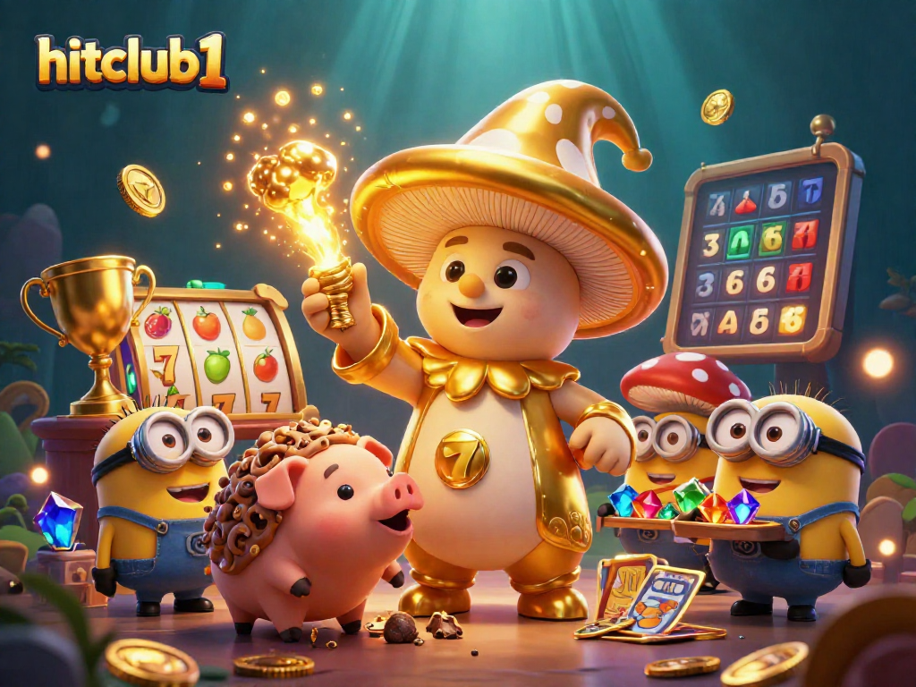 Join hitclub1 in a vibrant casino adventure with magical characters and slot reels!