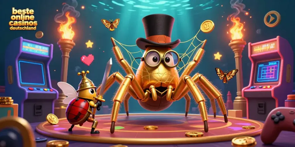 Experience the best online casinos deutschland with a vibrant scene of a golden tarantula and beetle knight in action.