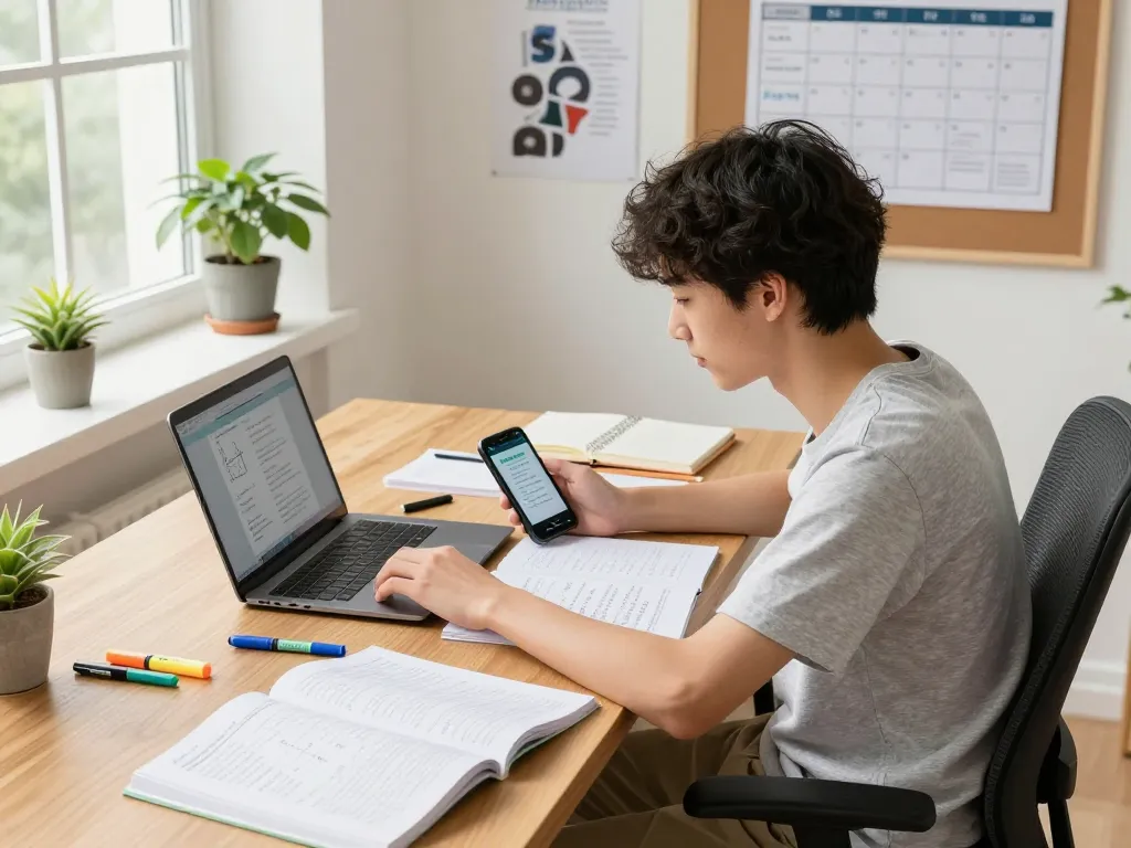 Student nutzt die Hausaufgaben Scanner-App in modernem Arbeitszimmer mit Büchern und Notizen