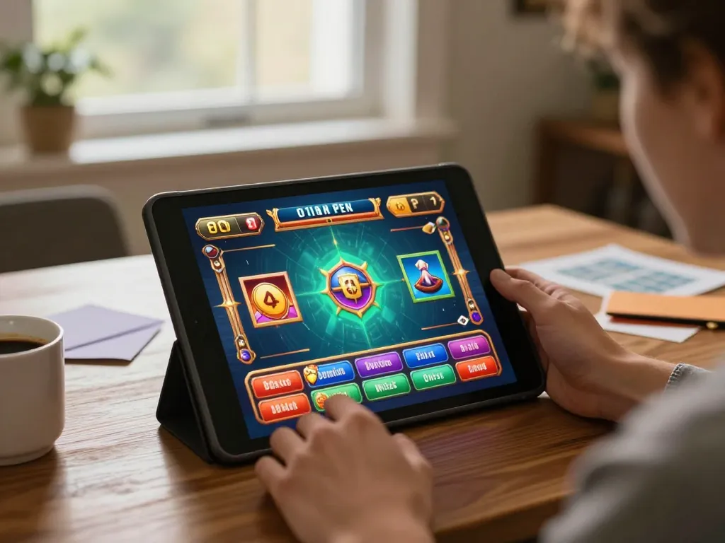 Engaging with F168 online casino on a tablet, showcasing vibrant game interface and cozy atmosphere