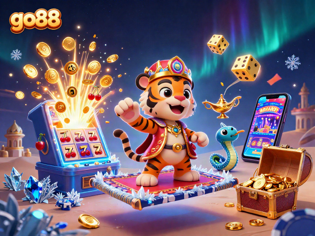 Experience thrilling slot games with go88 in a captivating Arabian Nights-themed casino scene.