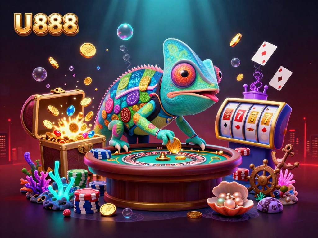 Engage in thrilling games at U 888 with colorful slots and a mesmerizing chameleon host.