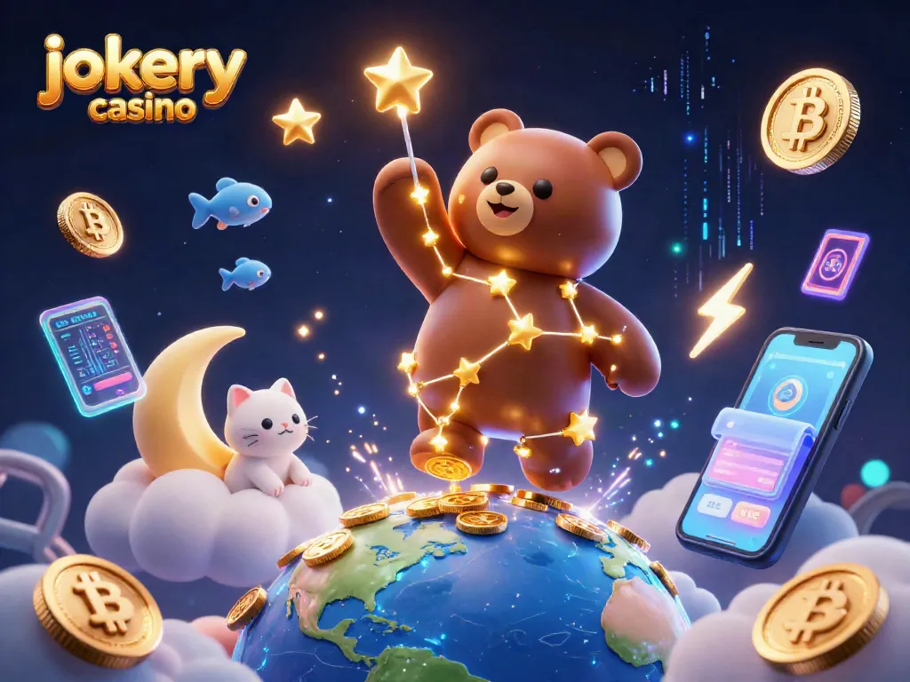 Experience thrilling gaming with jokery casino's enchanting 3D illustration depicting vibrant cosmic characters and crypto elements.