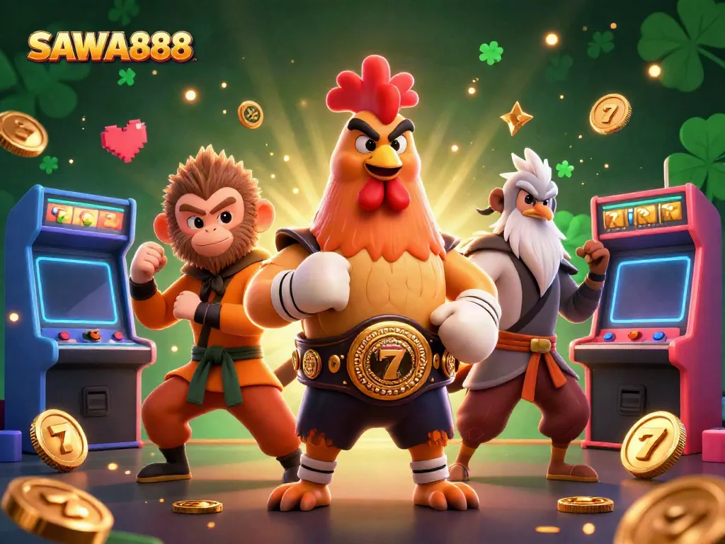 SAWA888 features a vibrant casino scene with characters enjoying slots amidst colorful game elements.