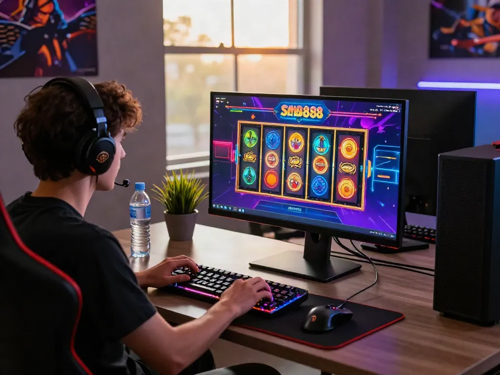 Engaging gaming setup with a player experiencing slot88 amidst vibrant graphics and glowing peripherals, showcasing an immersive online gaming atmosphere.
