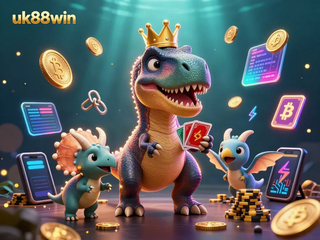 Experience lively gaming at uk88win with a friendly T-Rex shuffling cards, surrounded by crypto riches.