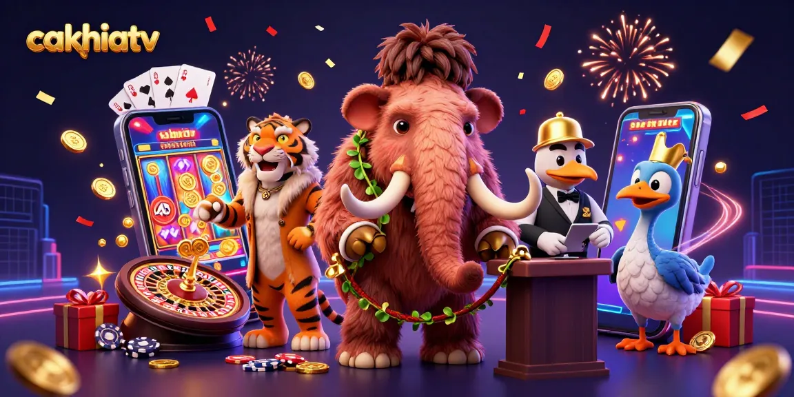 Experience exhilarating moments at cakhiatv with 3D casino characters surrounded by interactive gaming elements.