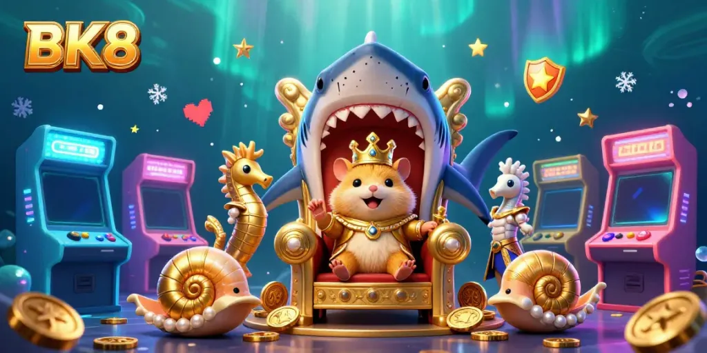 Spin the reels with BK8, featuring a vibrant 3D scene of a golden hamster king and seahorse guards.