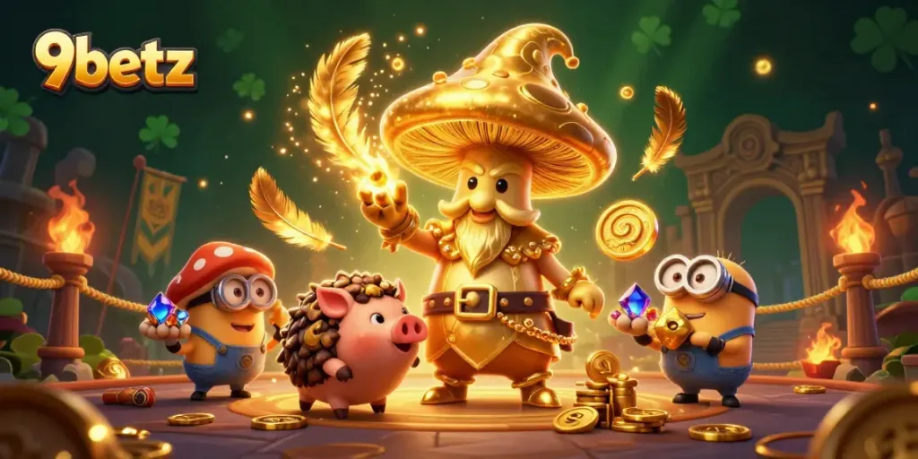Experience thrilling magic and treasures with 9betz in this 3D illustration of a wizard and treasure-hunting pig.