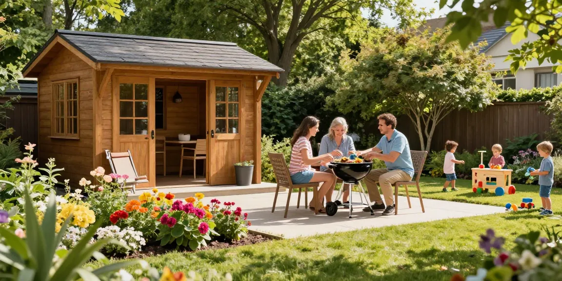 Hübsches Gartenhaus umgeben von Blumenbeeten und einer Familie beim Grillen im Garten, sonnige, einladende Atmosphäre.