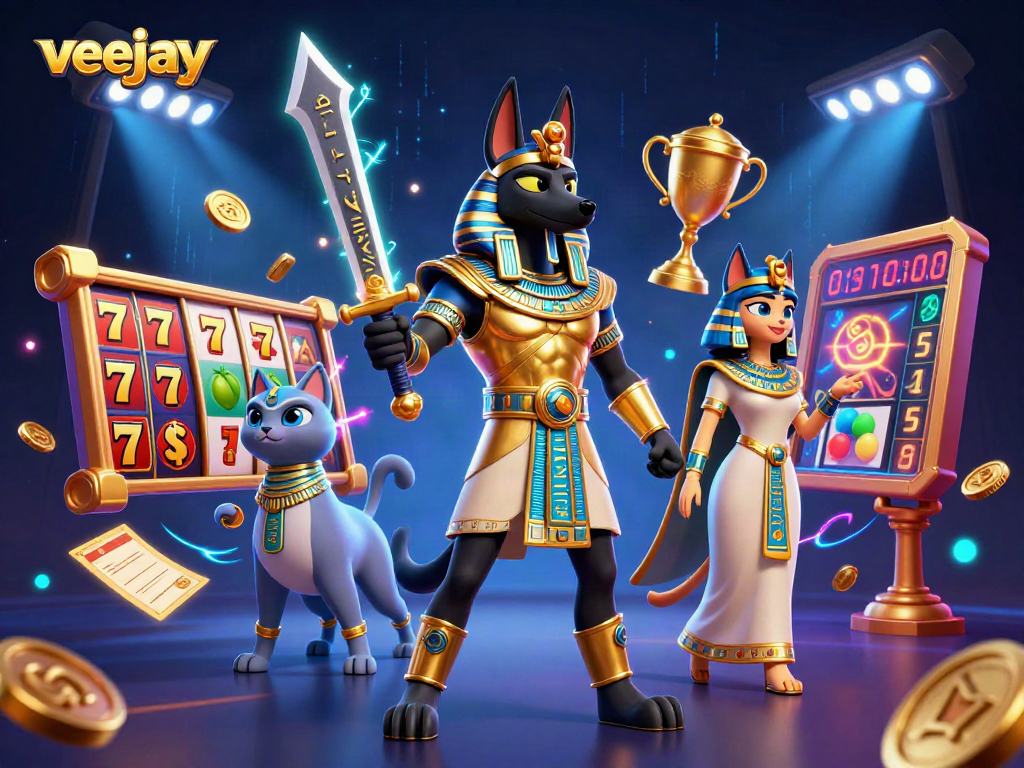 Spielen Sie in einem aufregenden Casino mit Veejay, Anubis und Bastet, während die Jackpot-Slots drehen.