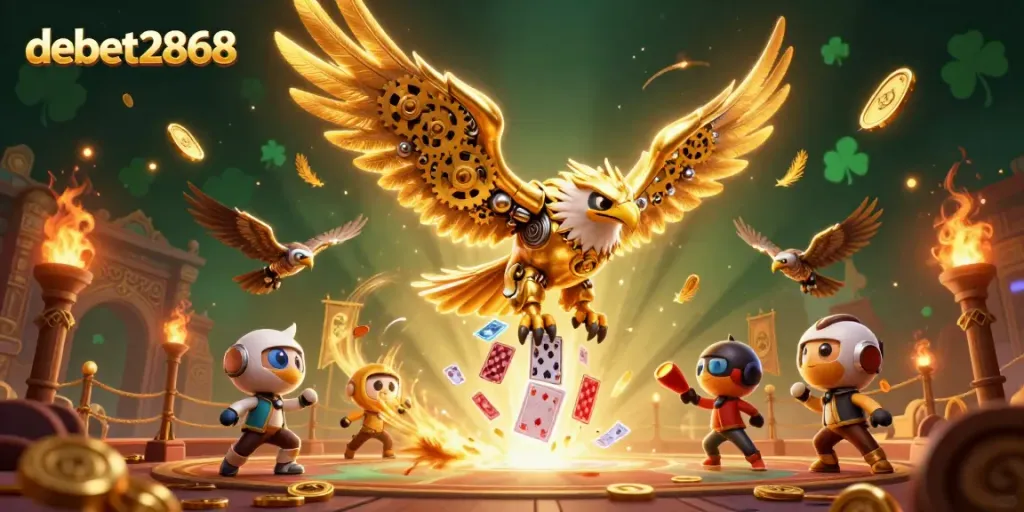 Engage in thrilling moments at debet2868 with a dynamic scene featuring cybernetic eagle and holographic cards.