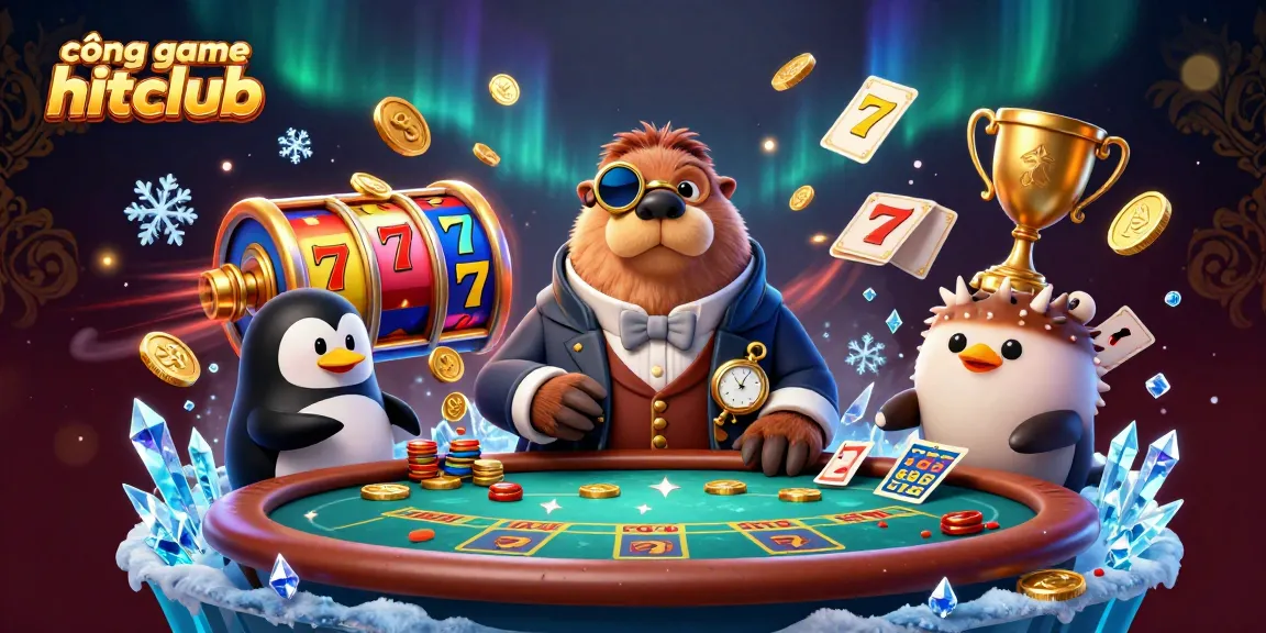 Cổng game hitclub features a playful scene with a jolly walrus, penguin dealer, and pufferfish bluffing at an underwater poker table.
