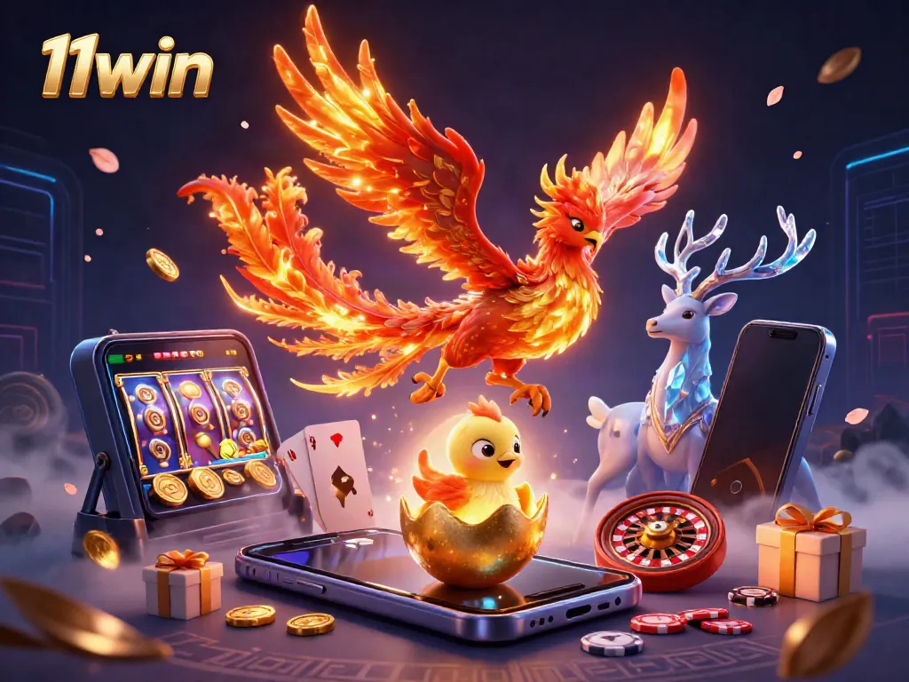 11win illustrates a captivating scene with a phoenix, game elements, and vibrant casino themes.