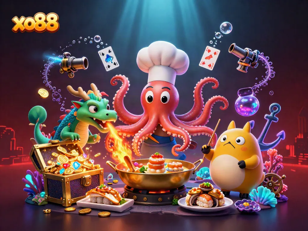 Experience the vibrant world of xo88 with a dynamic scene featuring a sushi chef octopus and friends in a colorful underwater setting.