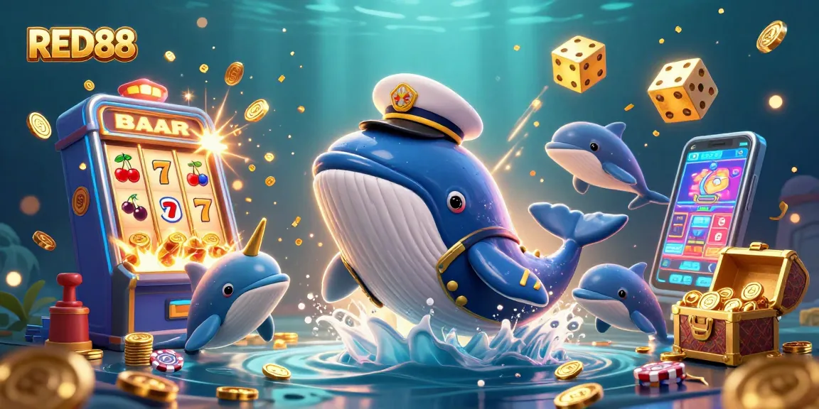 Engage with RED88 in a vibrant underwater world of coins, slot machines, and playful dolphins.