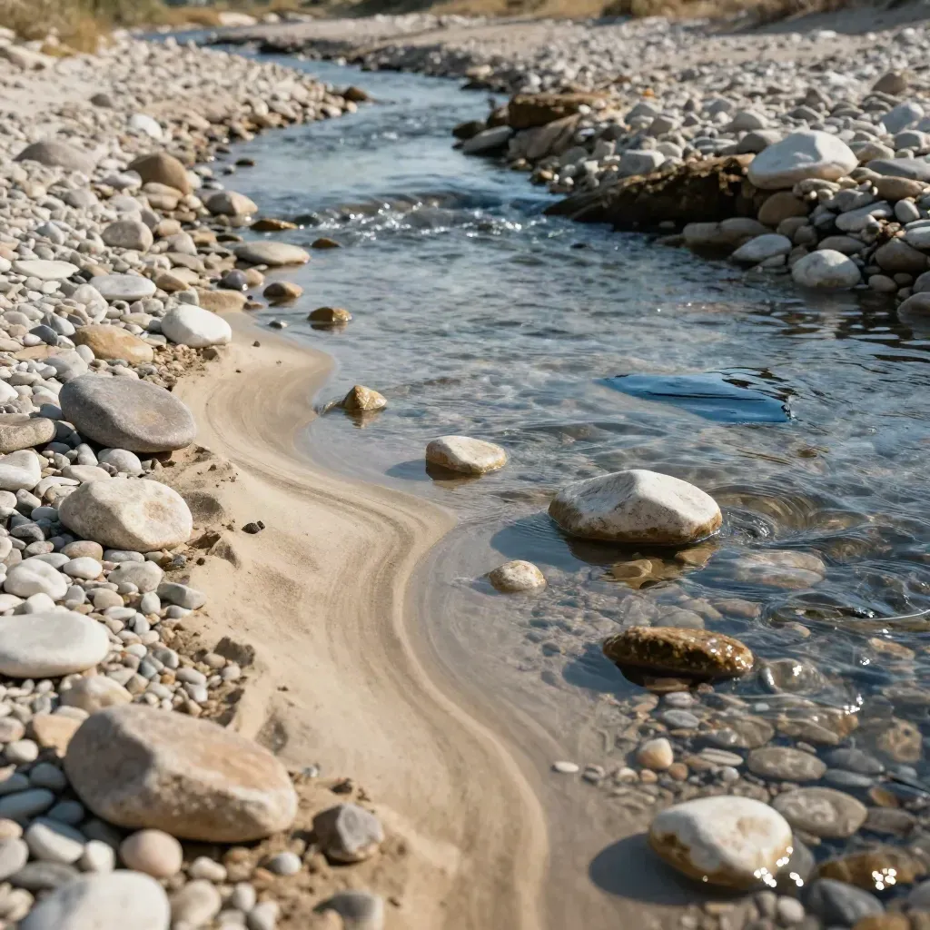 Kiesbett am Fluss mit flacher Rinne, Sandkante und glitzerndem Wasser im Gegenlicht.