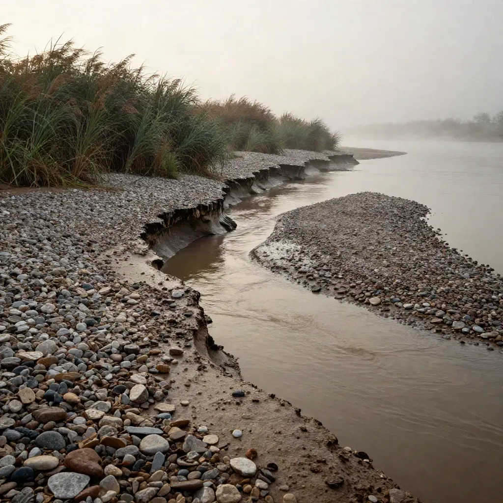 Breiter Rhein-Kiesarm mit Schilf, Schotterinsel und trübem Nebenwasser im Morgennebel.
