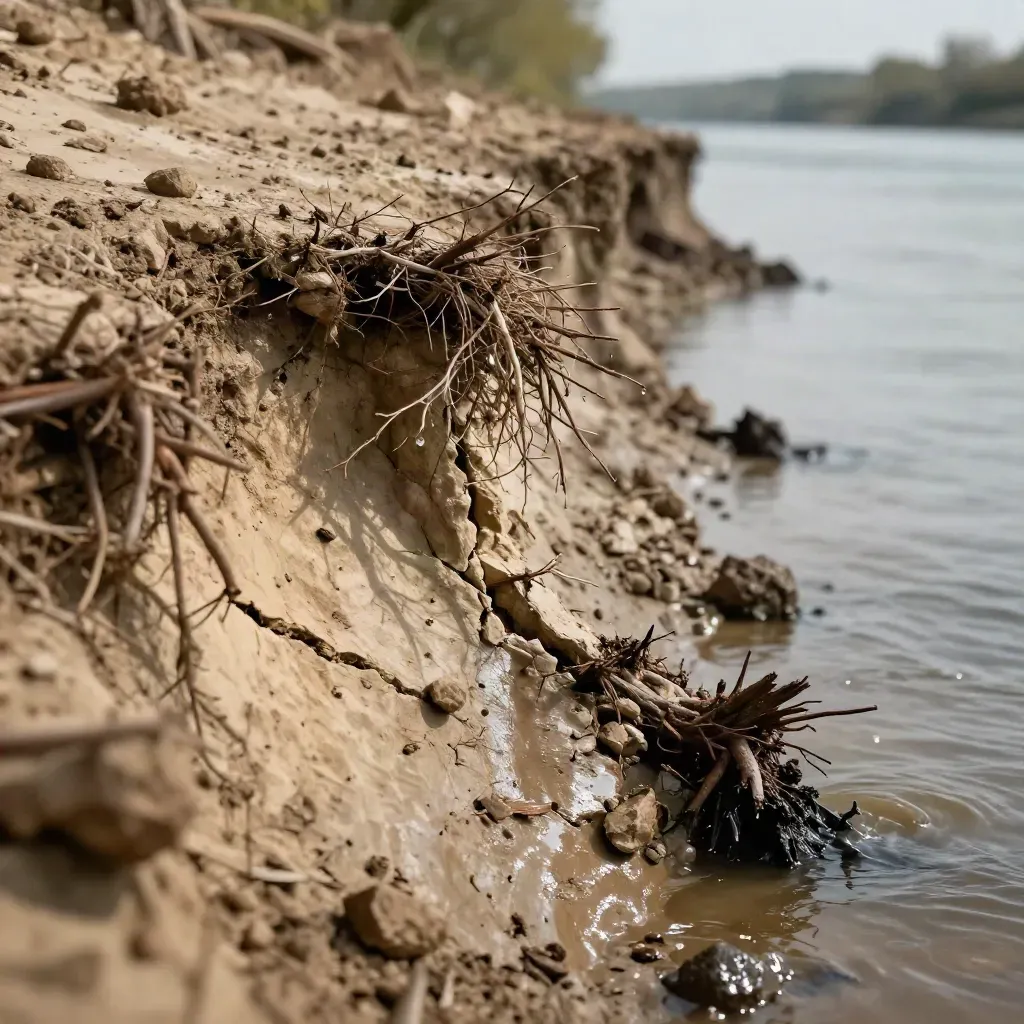 Steile Elbuferkante mit Wurzeln, bröckelndem Lehm und dunklem Wasser im Wind.