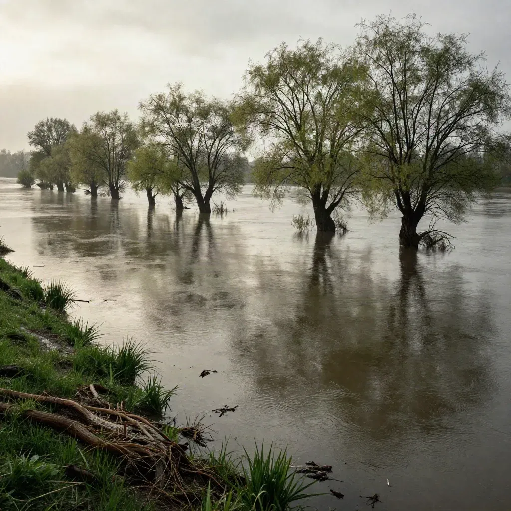 Überflutete Donauau mit Weiden und nassem Wiesengrund nach Regen bei Passau.