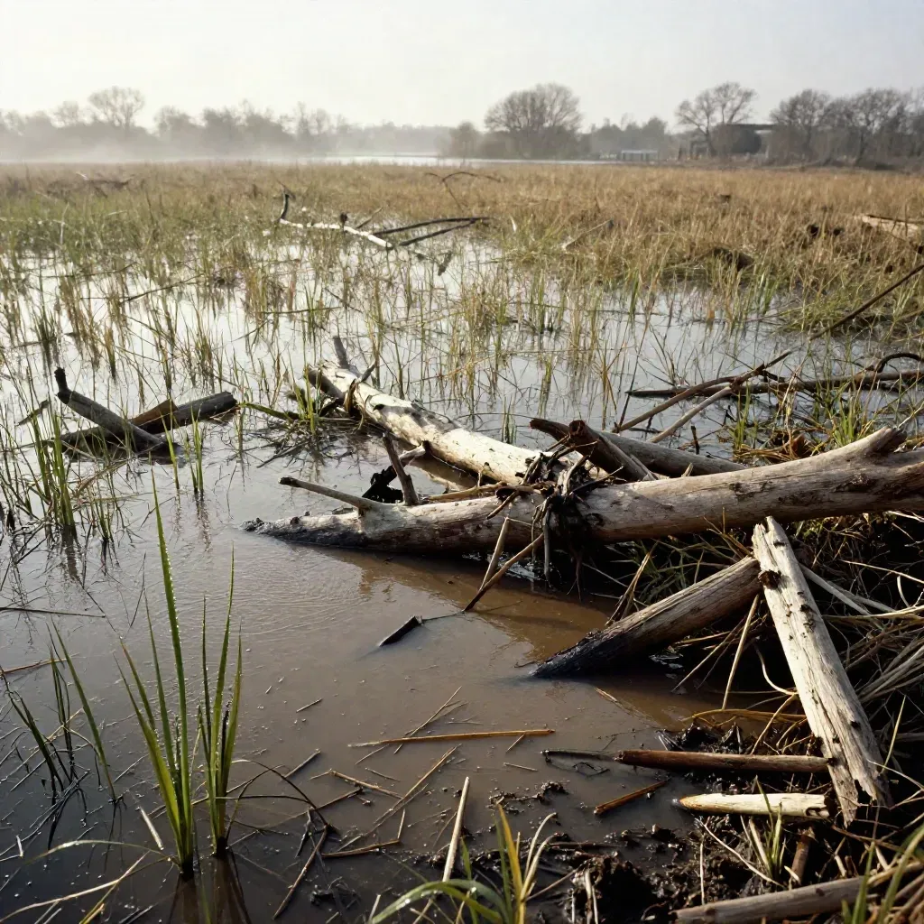 Hochwasserlinie in einer Auenwiese mit Treibholz, nassem Schlamm und jungen Gräsern