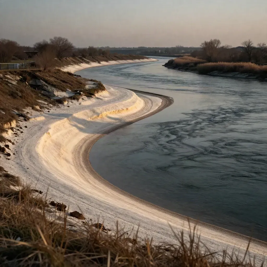 Weite Rheinschleife mit hellem Kiesstrand und dunkler Außenkurve im Abendlicht.