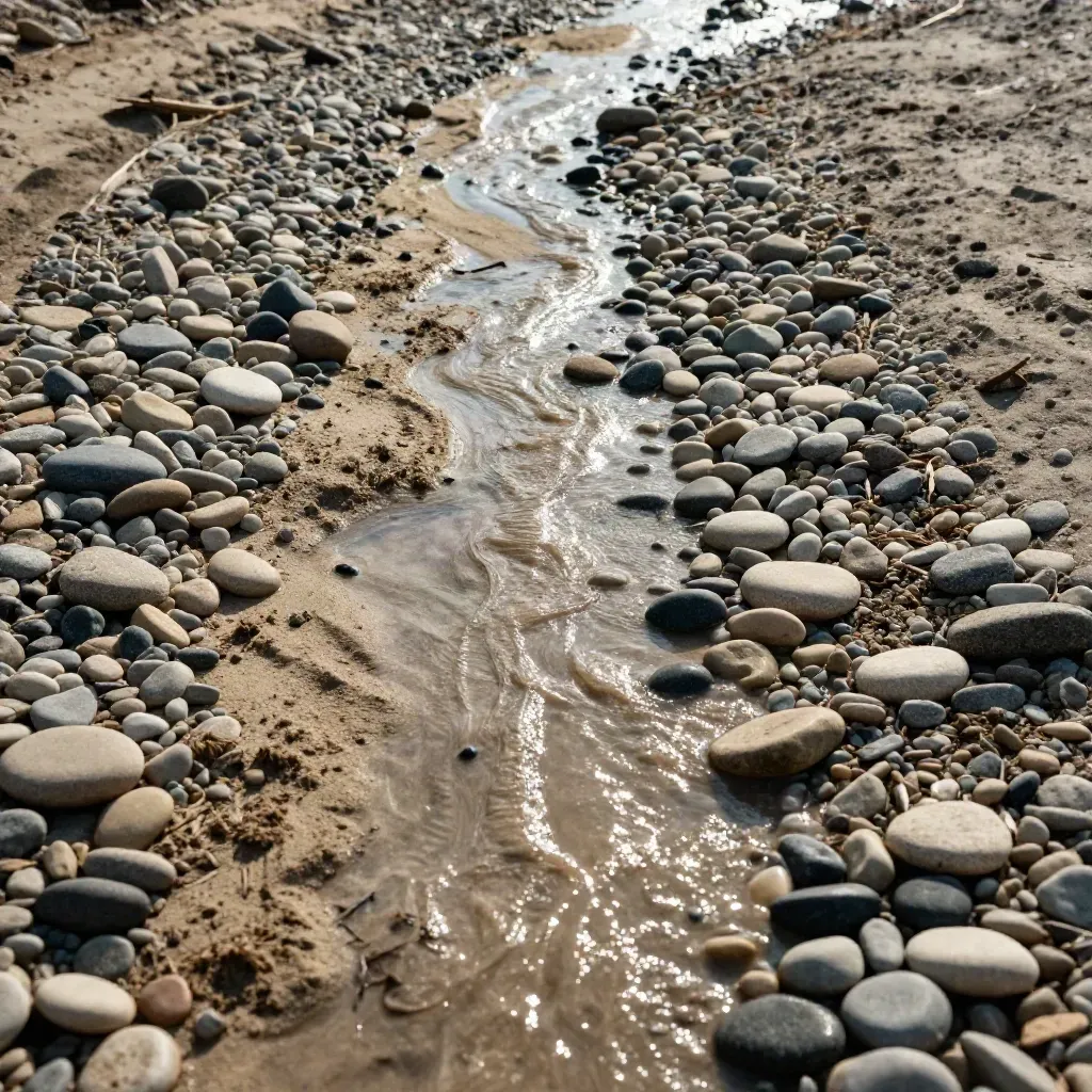 Top-down Makro eines freiliegenden Kiesbetts mit Sand, Schluff und dünnem Wasserfilm.