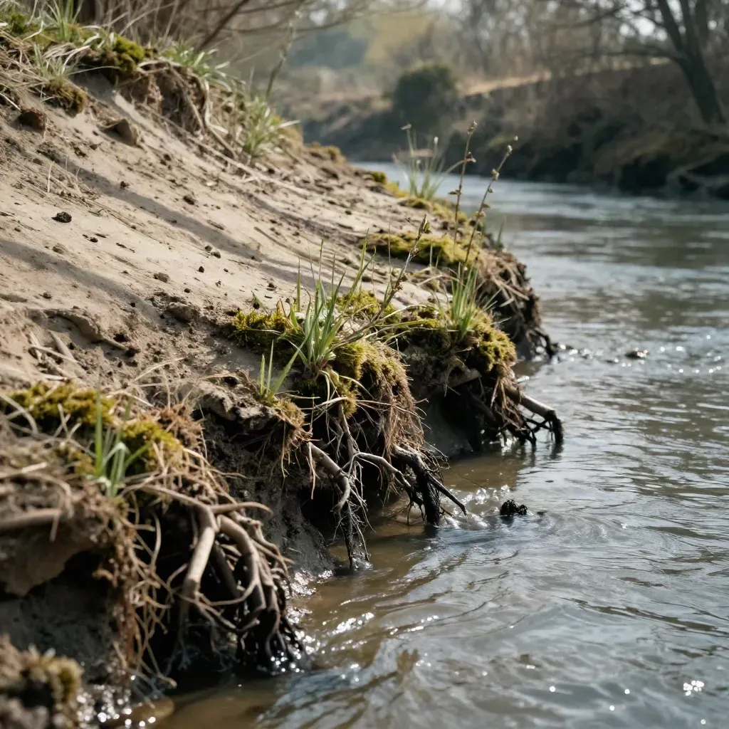 Steile Uferbank mit Wurzelmatte, feuchter Erde und jungen Pflanzen am Wasser.