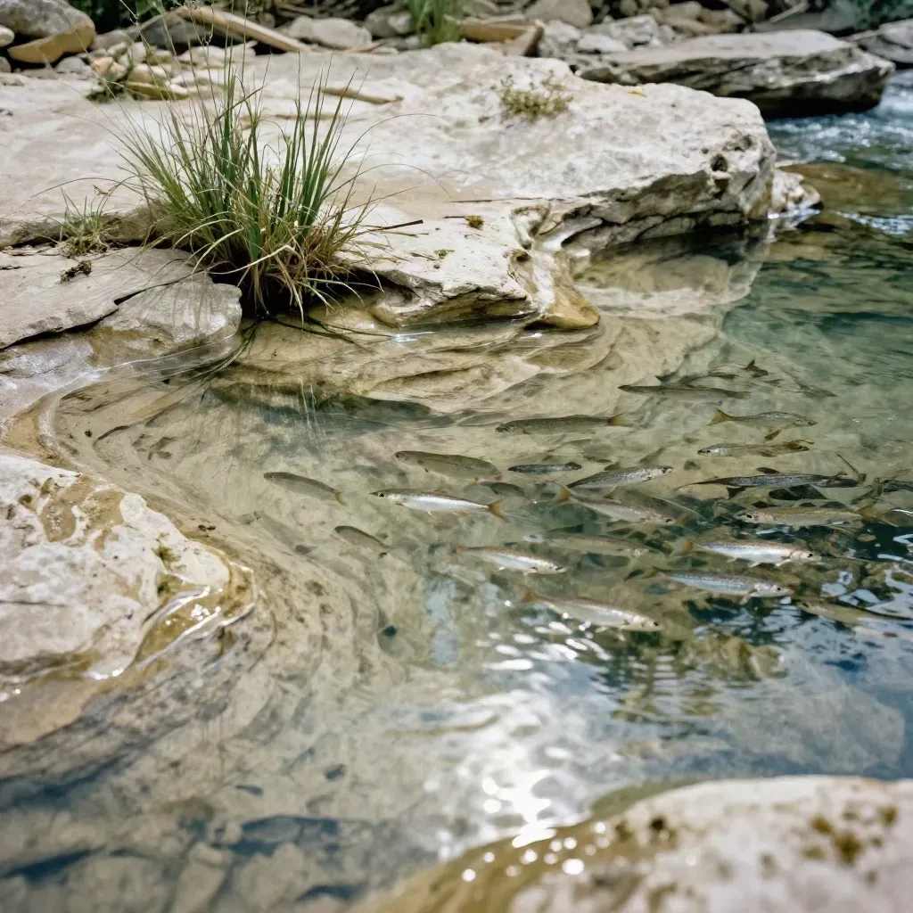Flaches Seitenwasser mit Wasserpflanzen, Jungfischen und hellen Steinflächen im sanften Licht.