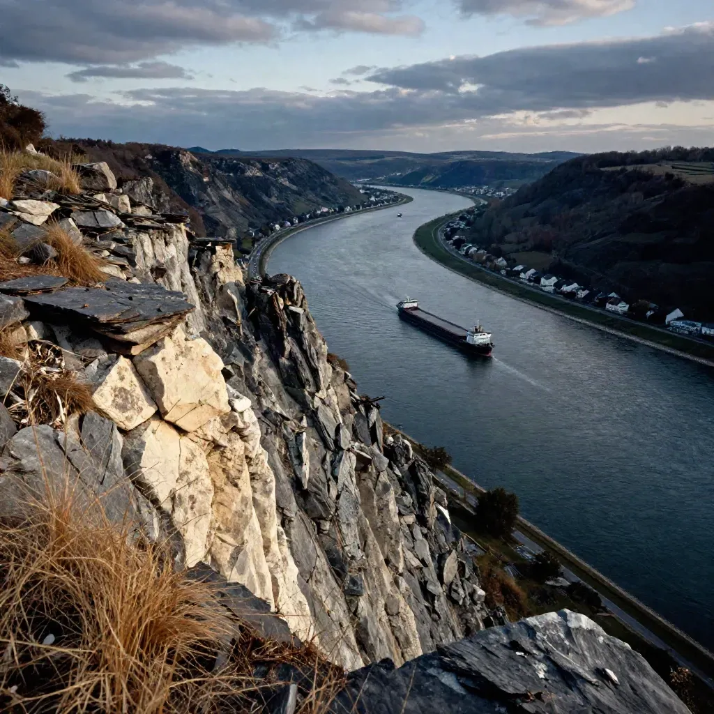 Steile Schieferhänge über dem Rhein bei Bingen, ein Frachtschiff im breiten Flussbogen.