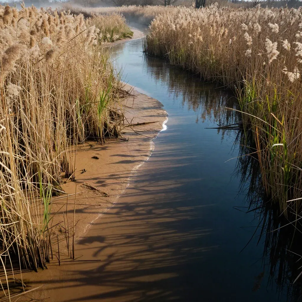 Ruhiger Nebenarm der Elbe mit Schilf, Weidenschatten und glatter Wasserfläche.