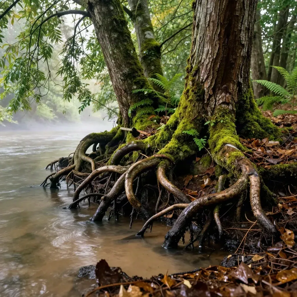 Auenwald am Inn mit Wurzeln, Moos und schmalem Seitengewässer nach Regen