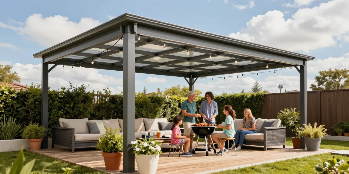 Terrassenüberdachungen in einem modernen Garten mit Familie beim Grillen.
