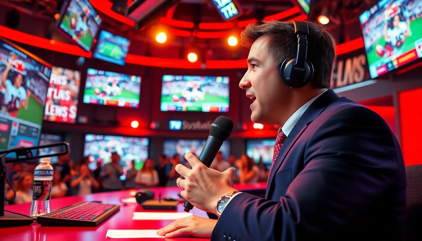 Engaging moment in sports broadcasting with a lively host and modern tech.