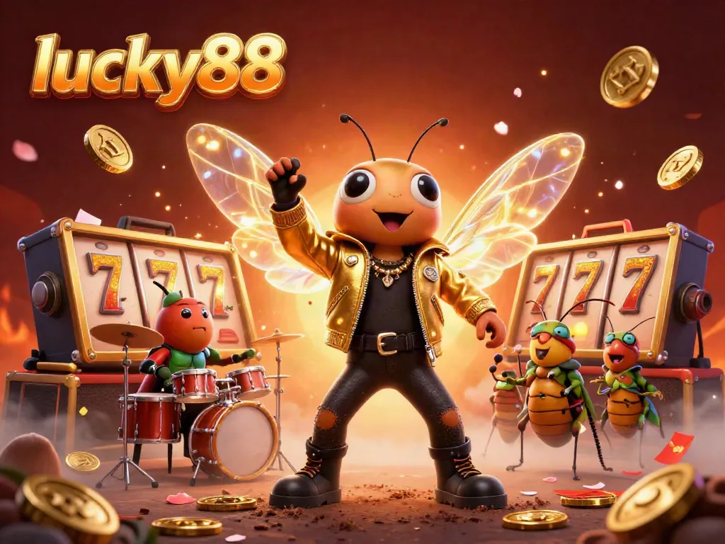 Experience exhilarating wins with lucky88 at a vibrant casino scene featuring a cicada rock star and 3D game elements.