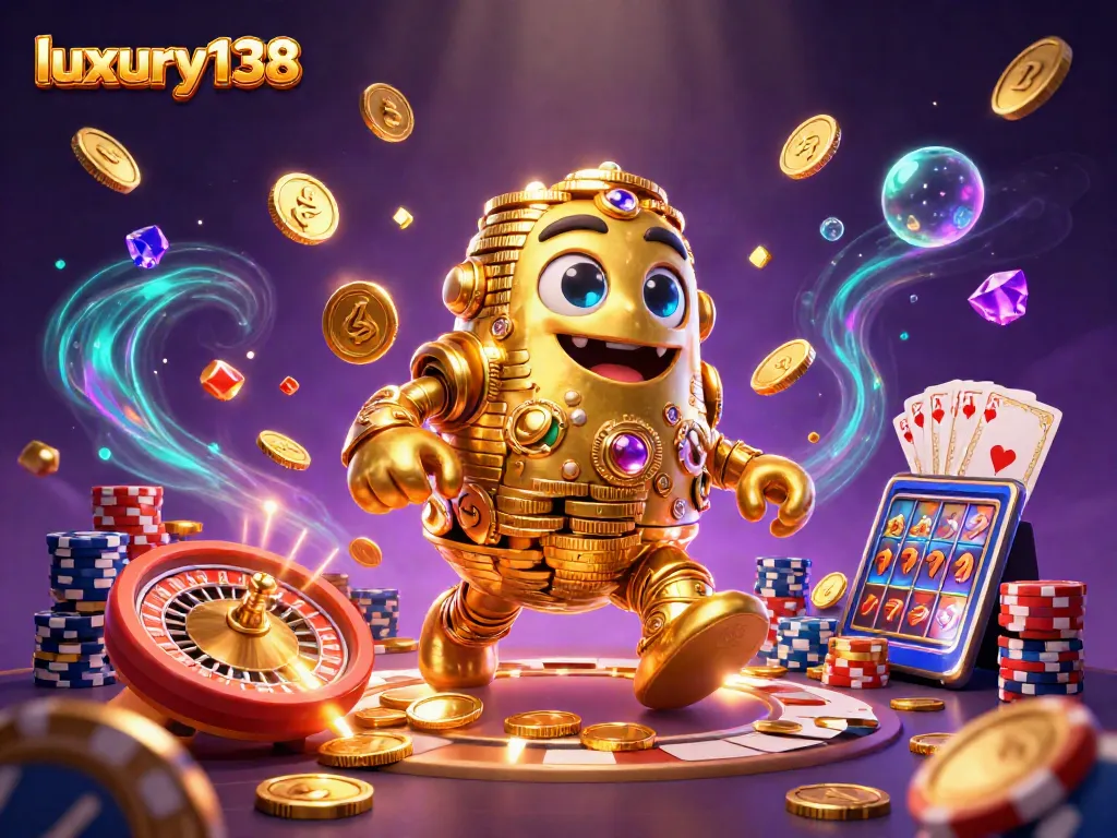 Spin the reels and win big at luxury138, featuring golden coins and dazzling slot machine symbols.