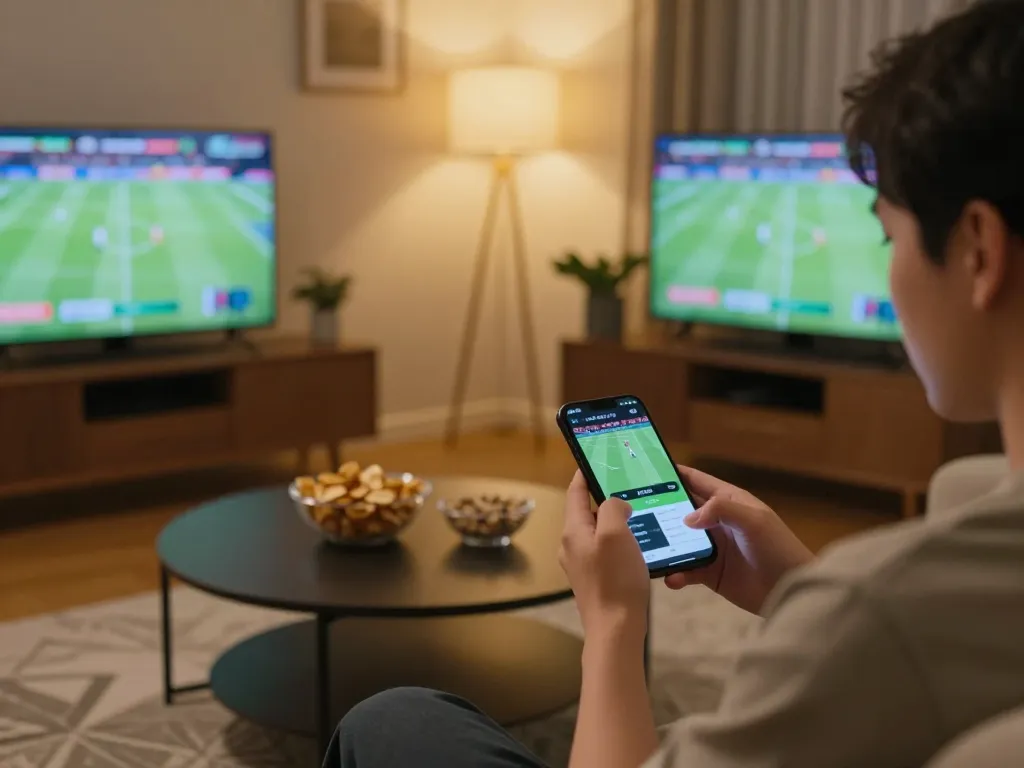 Person engaged in using kèo nhà cái trực tiếp app on smartphone in cozy living room for sports betting.