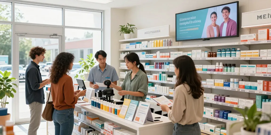 Medi Pharma Shop, belebt von Käufern, die Gesundheitsprodukte erkunden, zeigt eine lebendige, einladende Einzelhandelsumgebung.